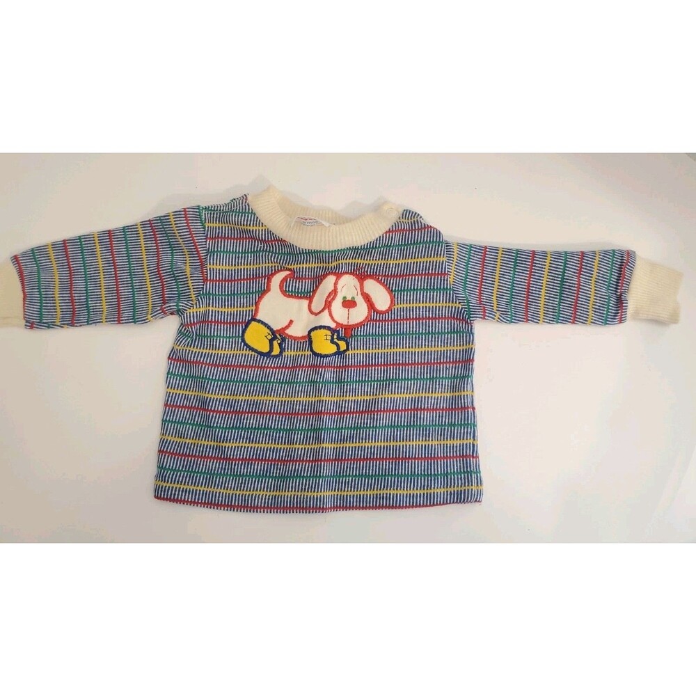 VTG Playstuff Kids Longsleeve Striped Top 9mo USA Cheeky Playful Puppy